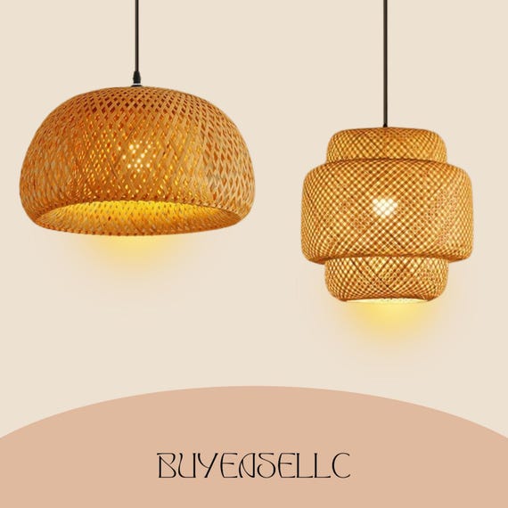 Handmade Bamboo Pendant Light – 30cm Rattan Wicker Ceiling Lamp Shade – Boho Hanging Light Fixture for Kitchen, Dining,