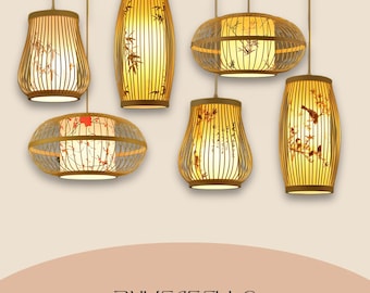 Asian Bamboo Pendant Light, Hand-Painted Zen Teahouse Chandelier, Rustic Wicker Dining Lamp.