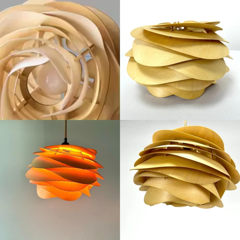 May include: A collection of wooden pendant lights with a layered, petal-like design. The lights are made of light-colored wood and have a warm, inviting glow when illuminated. The design is modern and organic, suitable for home decor.