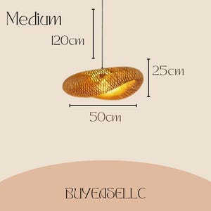 May include: A woven rattan pendant light, medium size, with dimensions of 50cm wide, 25cm high, and a hanging length of 120cm. The light fixture has a warm, golden hue and a unique, organic shape. The text "Medium" is visible.
