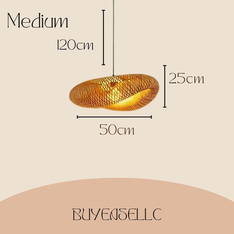 May include: A woven rattan pendant light, medium size, with dimensions of 50cm wide, 25cm high, and a hanging length of 120cm. The light fixture has a warm, golden hue and a unique, organic shape. The text "Medium" is visible.