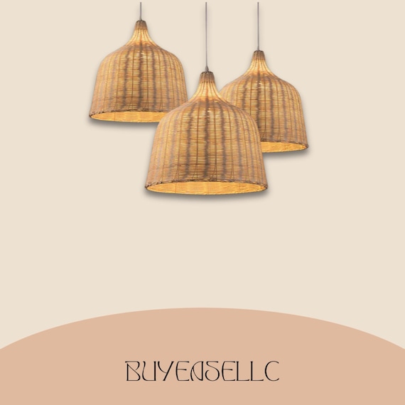 Handmade Rattan Pendant Light Set | Wicker Ceiling Lamp Shade | Boho Natural Hanging Light Fixture for Kitchen, Dining Room