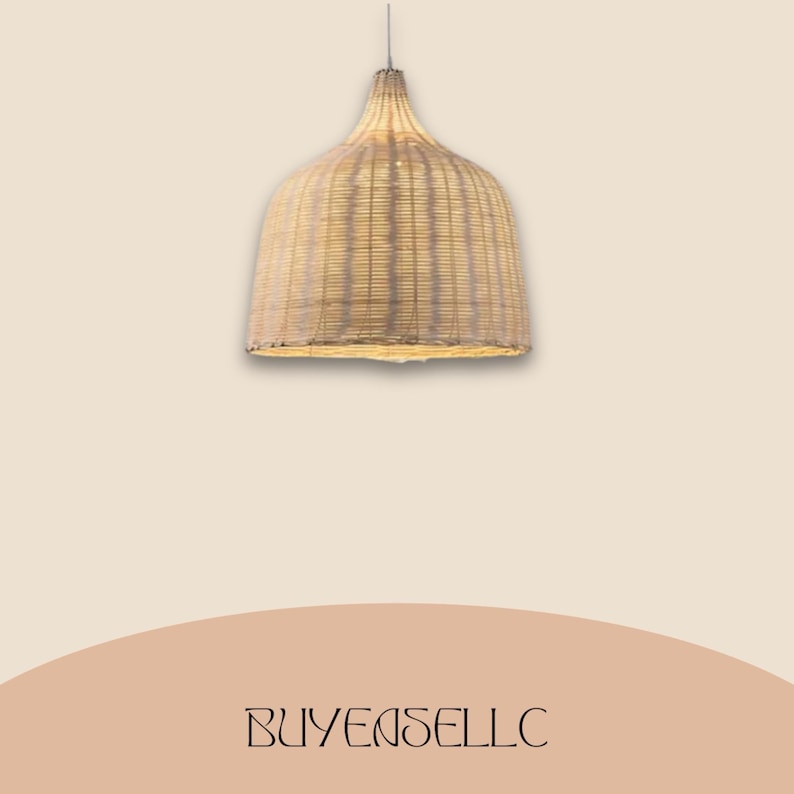 May include: A woven rattan pendant light fixture with a bell-shaped shade. The light fixture is suspended from a thin wire and has a natural, light brown color. The text "BUYENSELLC" is at the bottom of the image.