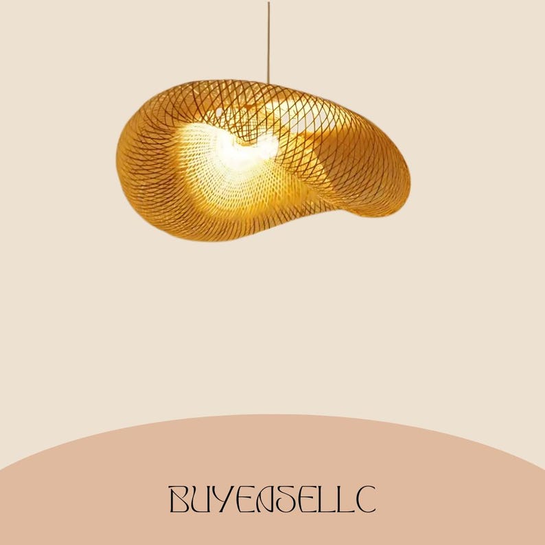 May include: A woven, organic-shaped pendant light fixture. The light is made of a golden-brown material, with a textured, open weave design. The light fixture is suspended from a thin cord and emits a warm glow. The text "BUYENSELLC" is at the bottom.