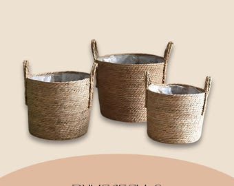 Handmade Woven Straw Basket with Handles | Boho Home Decor