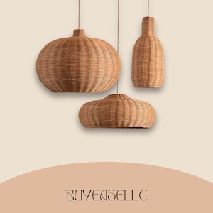 Boho Rattan Pendant Light Set – Handwoven Wicker Lampshade | Bamboo Hanging Ceiling Light Fixtures for Kitchen, Dining Room