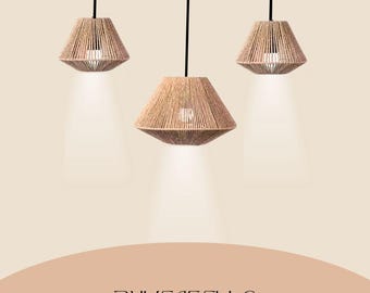 Handmade Rattan Rope Lampshade – Rustic Pendant for Kitchen Island, Dining Room or Bedroom Decor