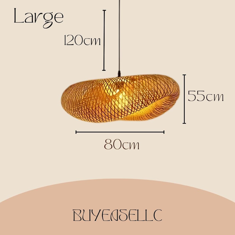 May include: Large, woven pendant light fixture. The fixture is 80cm wide, 55cm high, and hangs down 120cm. The light is made of a natural, golden-brown material and has a unique, organic shape. The text "Large" is above the light.
