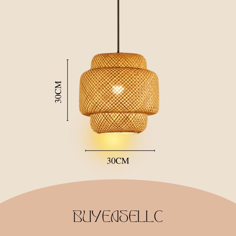 May include: A woven bamboo pendant light, 30cm in diameter and 30cm high. The light has a layered design and emits a warm glow. The text "BUYENSELLC" is at the bottom.