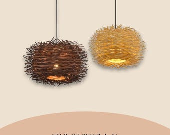 Lámpara colgante de bambú tejido / Lámpara de araña de ratán de estilo asiático / Lámpara de techo de madera natural