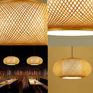 May include: Woven bamboo pendant lights with a warm, natural color. The lamps have an oval shape and a lattice design, creating a soft, diffused glow. The image shows the lights in a restaurant setting.