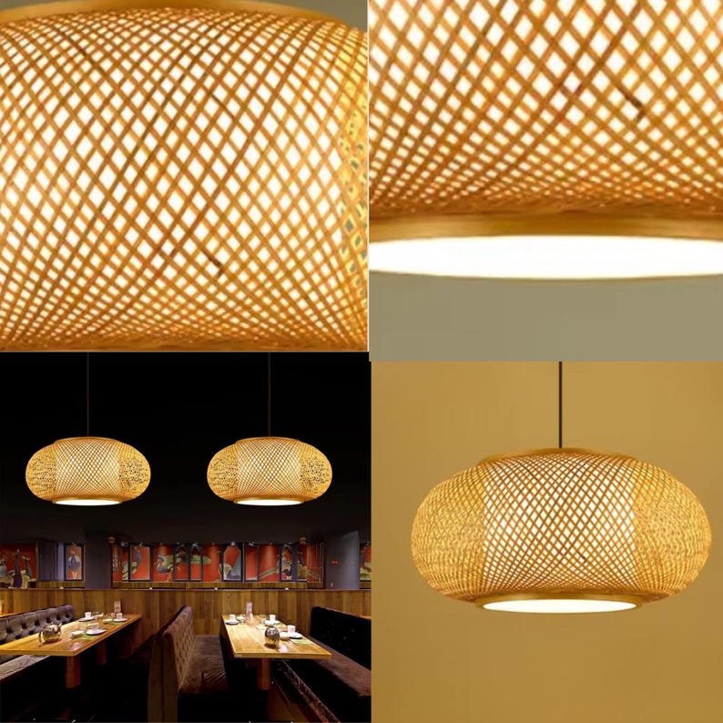 May include: Woven bamboo pendant lights with a warm, natural color. The lamps have an oval shape and a lattice design, creating a soft, diffused glow. The image shows the lights in a restaurant setting.