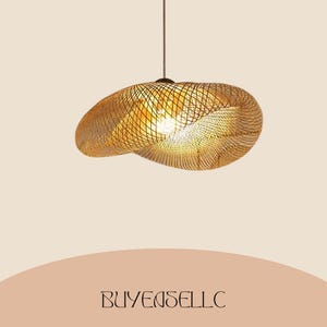 May include: A woven rattan pendant light fixture. The light has a unique, organic shape and is suspended from a dark cord. The light is a warm, golden color, and the woven pattern creates interesting shadows. The light fixture is a stylish home decor item.