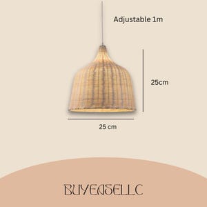 May include: A woven rattan pendant light with a conical shade, 25 cm in diameter and 25 cm high. The light is suspended by a cord that is adjustable up to 1 meter. The text "BUYENSELLC" is at the bottom.