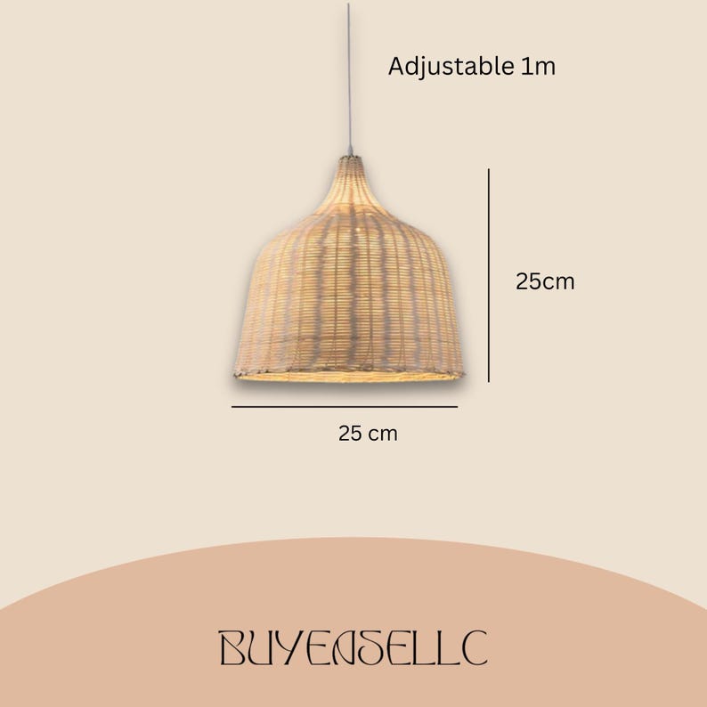 May include: A woven rattan pendant light with a conical shade, 25 cm in diameter and 25 cm high. The light is suspended by a cord that is adjustable up to 1 meter. The text "BUYENSELLC" is at the bottom.
