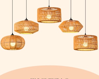 Handwoven Rattan Pendant Light, Boho Hanging Lamp, Indoor Outdoor