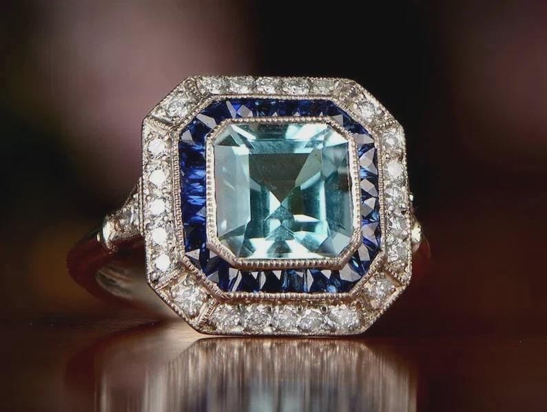 Art Deco Asscher Aqua Ring