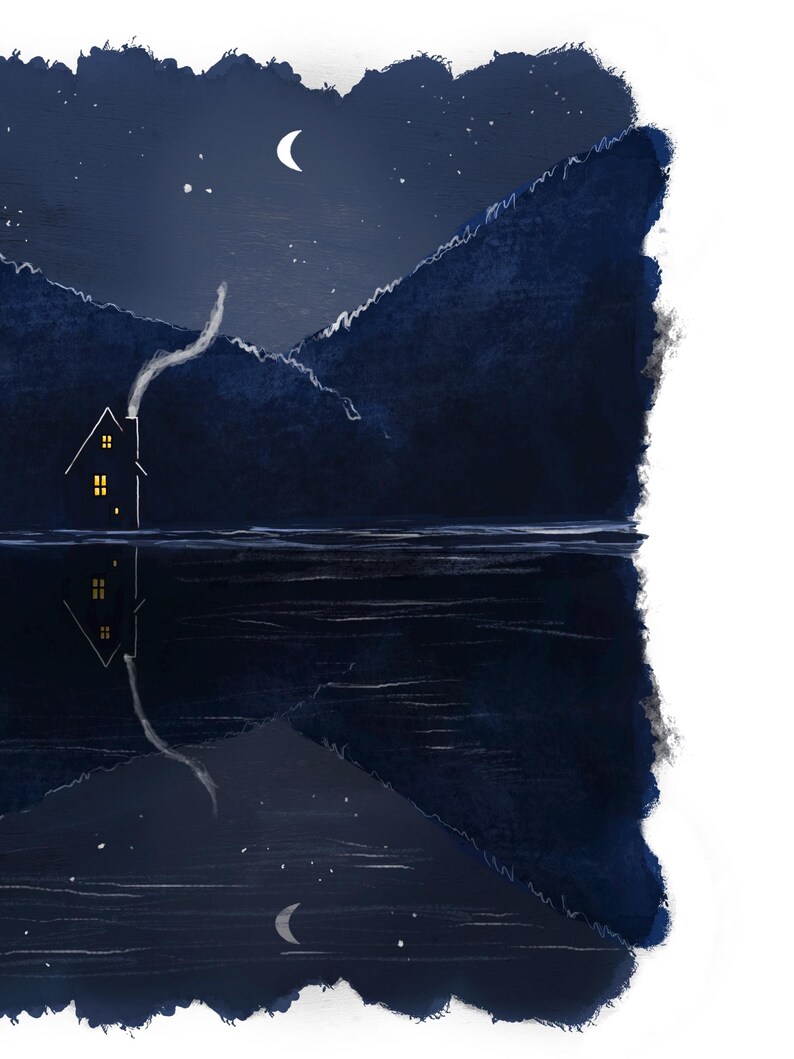 K&ouml;nnte beinhalten: Ein digitales Gem&auml;lde eines kleinen Hauses mit einem beleuchteten Fenster, eingebettet in eine dunkelblaue Berglandschaft unter einem Halbmond und einem Sternenhimmel. Das Haus spiegelt sich im stillen Wasser eines Sees im Vordergrund.