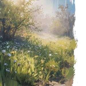 May include: An impressionistic painting of a sunlit meadow. The foreground features a field of wildflowers, with a path leading into the distance. Trees frame the scene, and the sky is a soft blue. The overall effect is one of peace and tranquility.