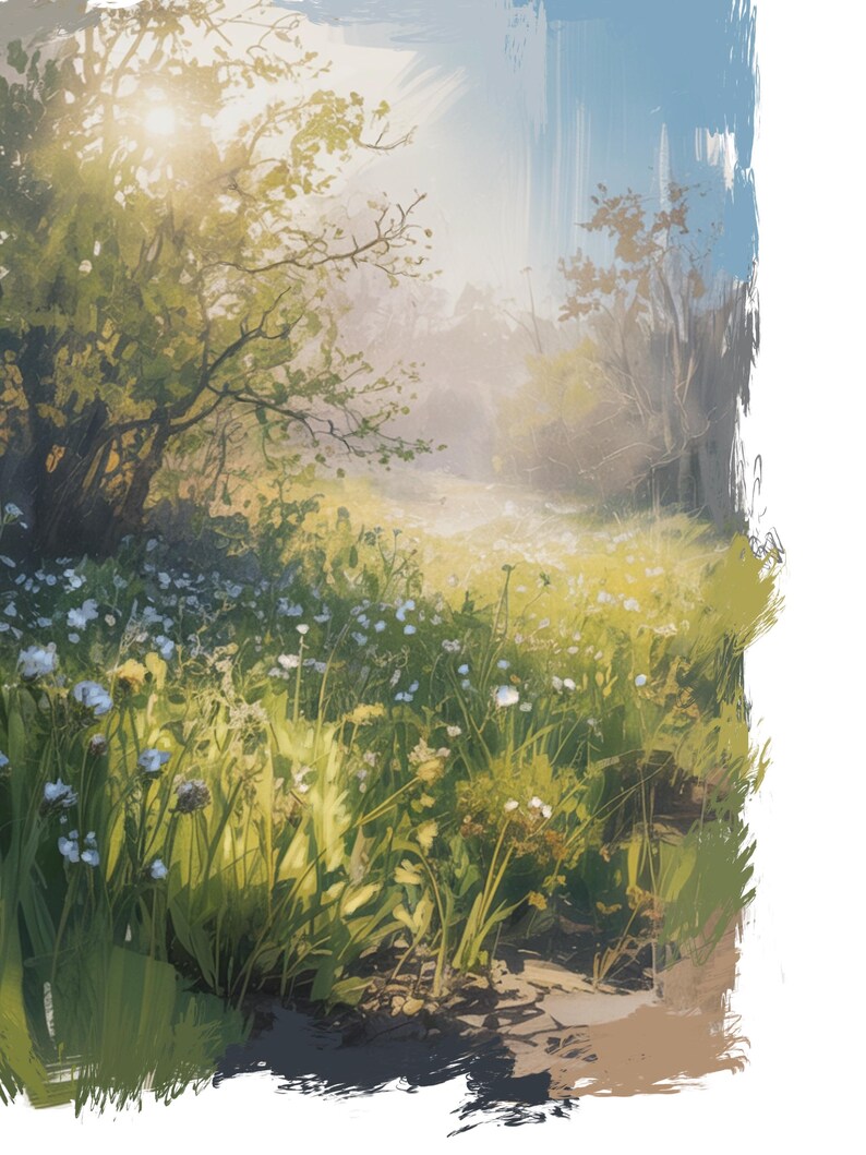 May include: An impressionistic painting of a sunlit meadow. The foreground features a field of wildflowers, with a path leading into the distance. Trees frame the scene, and the sky is a soft blue. The overall effect is one of peace and tranquility.