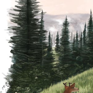 May include: An illustrated print featuring a deer in a forest setting. The artwork depicts a brown deer on a grassy hill, with tall evergreen trees in the background. The text "AND LEAVE A" and "RALPH WALDO" is at the top.
