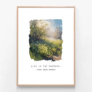 May include: A framed art print featuring a vibrant landscape painting. The artwork depicts a sunlit meadow with wildflowers and trees. The text "LIVE IN THE SUNSHINE" and a quote by Ralph Waldo Emerson are printed below the image.