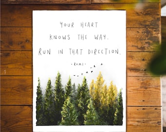 Rumi | Heart Knows The Way | Illustration Quote Wallart Art Drawing Empower Mental Health Positive Inspirational Giclee Print
