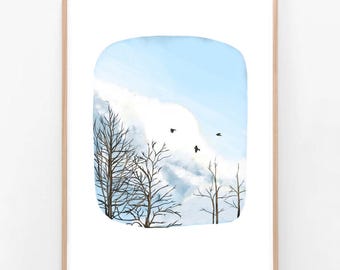 Winter Snow Scene | Birds Flying Blue Sky | Travel Nature Quirky Handdrawn Poster Illustration Wall Art Drawing Painting Giclee Print