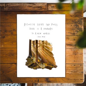 Puede incluir: Una ilustración de acuarela de una escena de bosque con rayos de sol que brillan a través de los árboles. La cita "ENTRE CADA DOS PINOS HAY UNA PUERTA A UN NUEVO MUNDO. - JOHN MUIR" está escrita en tinta negra sobre un fondo blanco.