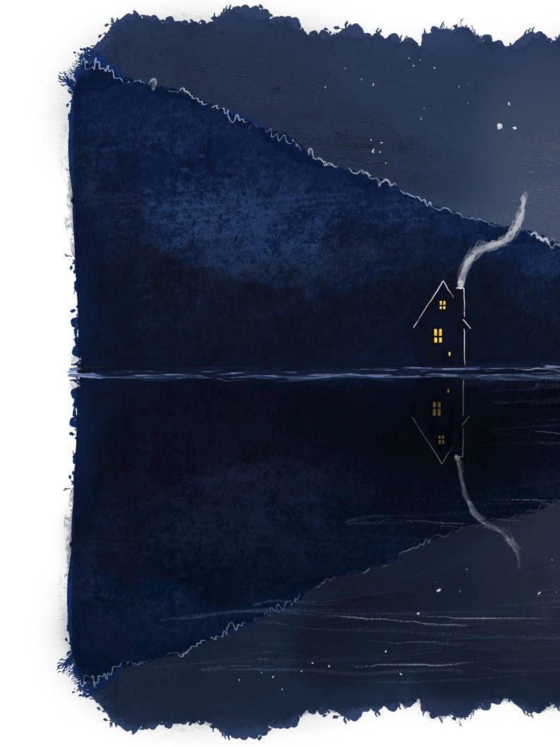 K&ouml;nnte beinhalten: Ein dunkelblaues Aquarellbild eines kleinen Hauses mit einem beleuchteten Fenster, vor dem Hintergrund einer dunkelblauen Bergkette und einem sternenklaren Himmel. Das Haus spiegelt sich im stillen Wasser eines Sees.