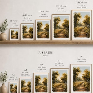 May include: Print size guide featuring various framed landscape art prints. Sizes range from 5x7 inches to 24x30 inches, and A5 to A1. The guide includes inch and centimeter measurements. The text "PLEASE NOTE" is at the bottom.
