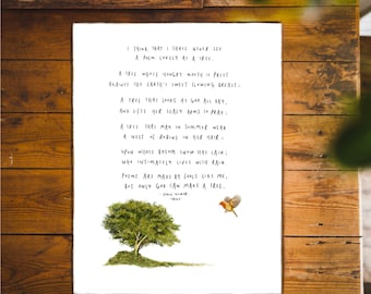 Joyce Kilmer | Trees | Illustration Quote Poem Wall Art Drawing Nature Landscape Trees Robin Bird Positive Inspirational Travel Giclee Print