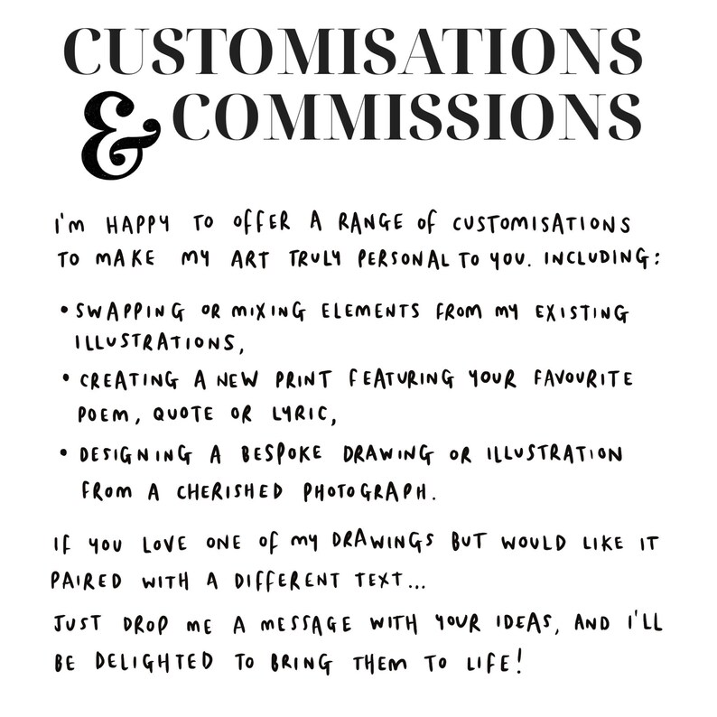 May include: Black and white text on a white background. The text reads "CUSTOMISATIONS & COMMISSIONS". The text below describes custom art services, including swapping elements, creating prints with quotes, and bespoke drawings.