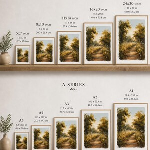 May include: Print size guide featuring various framed landscape art prints. Sizes range from 5x7 inches to 24x30 inches, and A5 to A1. The prints depict a path through a field with trees. The text "PRINT SIZE GUIDE" is at the top.