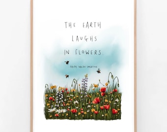 Ralph Waldo Emerson / La Tierra Ríe en Flores / Ilustración, Cita, Poema, Arte de Pared, Dibujo, Naturaleza, Flor Silvestre, Floral, Inspirador, Impresión Giclée