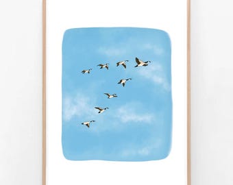 Flying Free | Blue Sky Wild Geese | Goose | Travel Nature Quirky Handdrawn Poster Illustration Wall Art Drawing Giclee Print