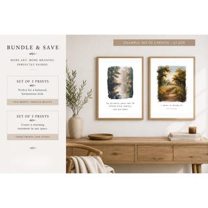 May include: Two framed landscape art prints with a wooden frame, displayed on a wooden console table. The prints feature serene scenes with trees and water. The text "BUNDLE & SAVE" and "SET OF 2 PRINTS" are visible.