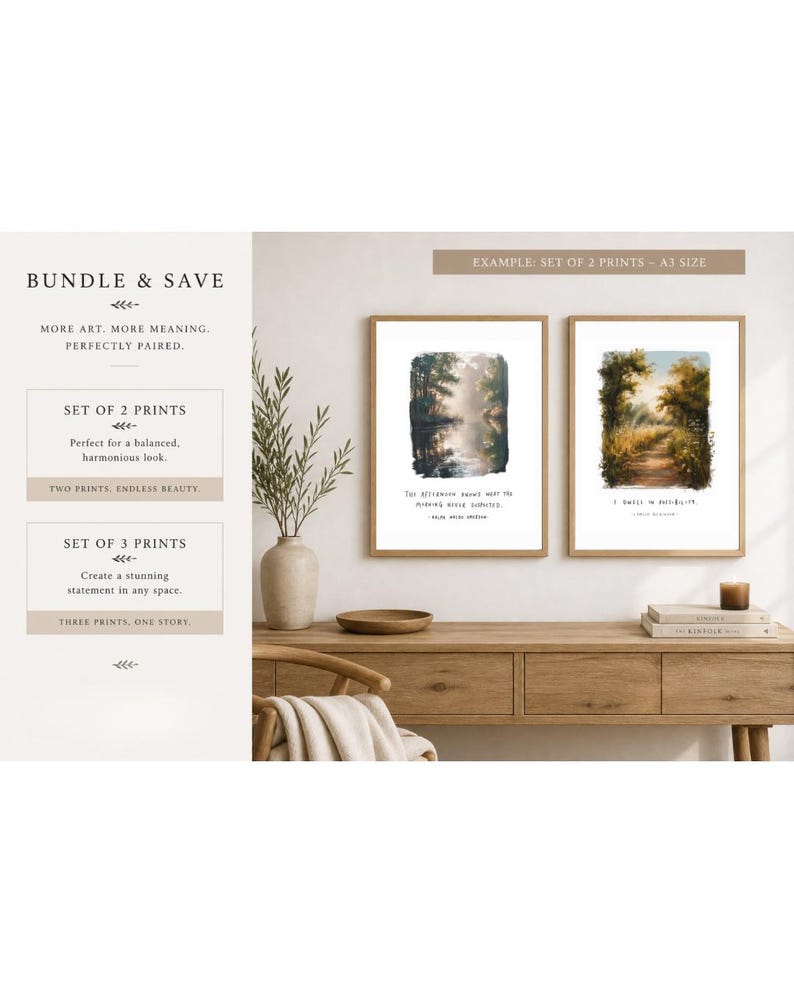 May include: Two framed landscape art prints with a wooden frame, displayed on a wooden console table. The prints feature serene scenes with trees and water. The text "BUNDLE & SAVE" and "SET OF 2 PRINTS" are visible.