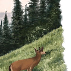 May include: Illustration of a brown deer standing on a grassy hillside, with a backdrop of tall evergreen trees. The sky is a soft pink and the text at the top reads "BE A TRAIL." and "RALDO EMERSON."