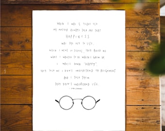 John Lennon | Happiness | Illustration Quote Poem Wall Art Drawing Poem Music Band Empower Inspirational Happy Giclee Print