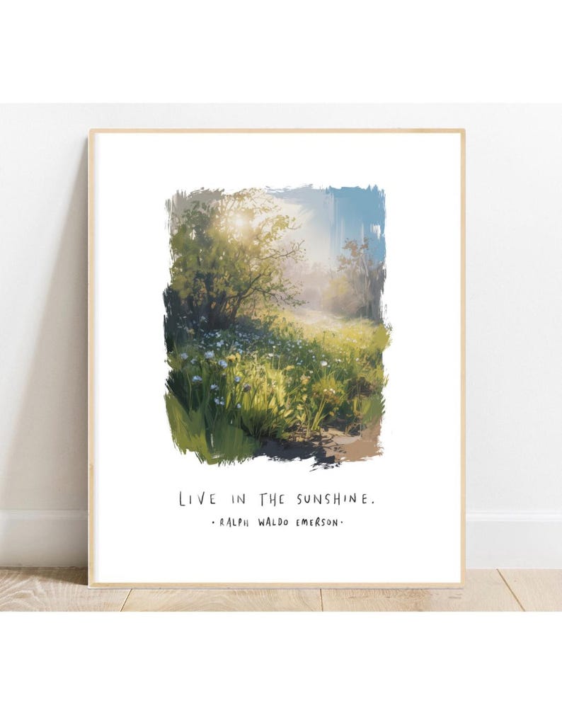 May include: A framed art print featuring a vibrant landscape painting. The artwork depicts a sunlit meadow with trees and wildflowers. The text "LIVE IN THE SUNSHINE." and the author's name are at the bottom.
