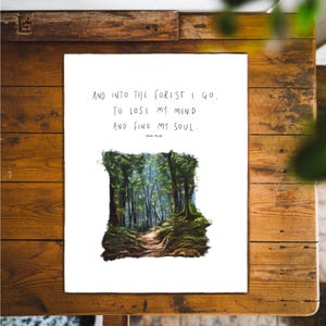 John Muir | Je vais dans la forêt | Illustration, citation, poème, art mural, dessin, nature, forêt, randonnée, inspiration positive, voyage, giclée, impression