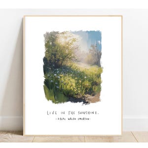 May include: A framed art print featuring a vibrant landscape painting. The artwork depicts a sunlit meadow with trees and wildflowers. The text "Live in the Sunshine" and the author's name, Ralph Waldo Emerson, are printed below the image.