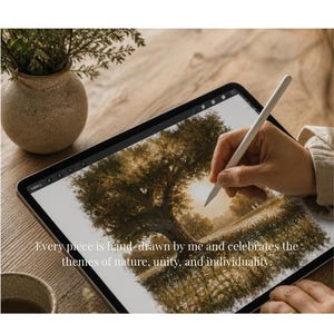 May include: A digital painting of a tree and landscape is displayed on a tablet screen. A hand holds a stylus, creating the artwork. The text reads, "Every piece is hand-drawn by me and celebrates the themes of nature, unity, and individuality."