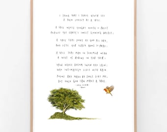 Joyce Kilmer | Trees | Illustration Quote Poem Wall Art Drawing Nature Landscape Trees Robin Bird Positive Inspirational Travel Giclee Print