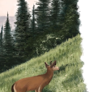 May include: Illustration of a brown deer standing on a grassy hillside, with a backdrop of tall evergreen trees. The sky is a soft pink and the text at the top reads "BE A TRAIL." and "RALDO EMERSON."