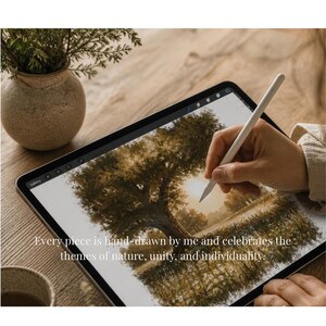 May include: A digital painting of a tree and landscape is displayed on a tablet. A hand holds a stylus, creating the artwork. The text reads, "Every piece is hand-drawn by me and celebrates the themes of nature, unity, and individuality."