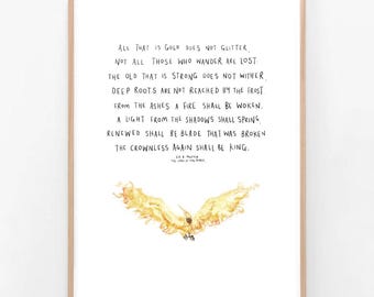 J.R.R Tolkien | Not All Those Who Wander Are Lost | Illustration Quote Poem Wall Art Drawing Empower Positive Inspirational Giclee Print