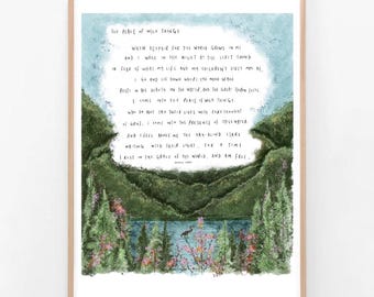 Wendell Berry | Peace Of Wild Things | Illustration Quote Poem Wall Art Drawing Nature Lake Trees Forest Positive Travel Giclee Print