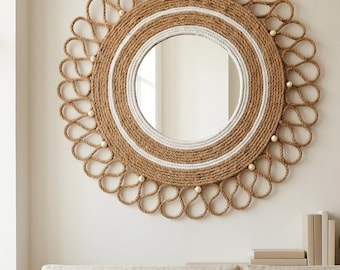 Espejo redondo grande de yute con perlas - Decoración de pared bohemia hecha a mano de 24 pulgadas - Espejo rústico y natural - Arte de pared atemporal